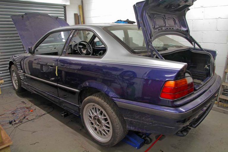 BMW E36 328 Coupe being prepared for racing
